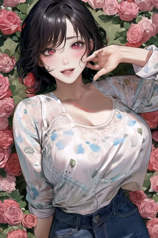 (((pink rose print bra))), Very detailed、highest quality、Best image quality、masterpiece、8k、Anime Face、A kind smile、Open Mouth、((black middle hair:1.5))、big breast, sexy、 beautiful body 、Cowboy Shot, Sexual Intercourse, ((red eyes)), hotel bedroom, ((( Jeans))