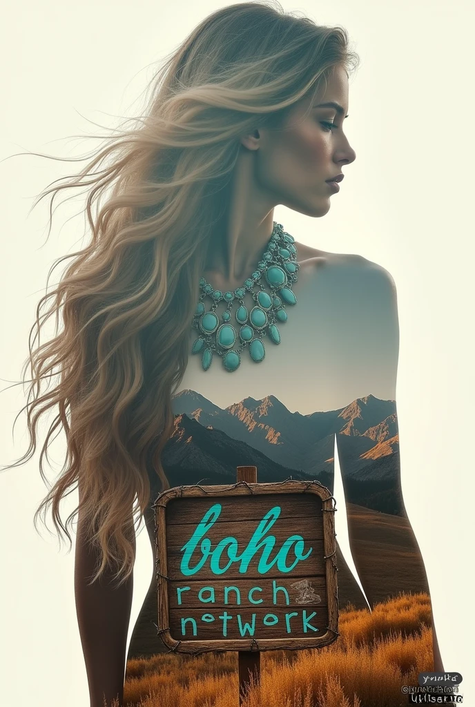 high quality, 8K Ultra HD, A beautiful double exposure that combines an bohemian goddess silhouette, wearing large chunky turquoise jewelry, bohemian goddess has long flowing blonde beach wave hair. Colarado fall mountains, fall mountains should serve as the underlying backdrop, with its details incorporated into the bohemian goddess, crisp lines, The background is monochrome, sharp focus, double exposure, by yukisakura, awesome full color,add a barnwood sign with barb wire trim with turquoise letters that says boho ranch network