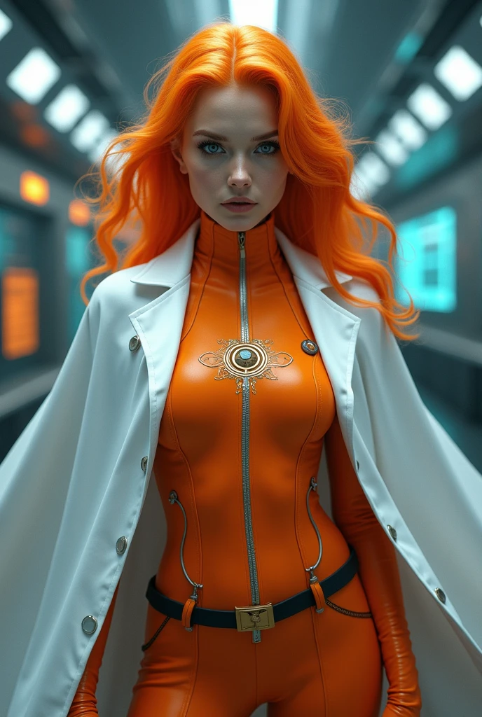 an orange heroine with a lab coat and a white cape