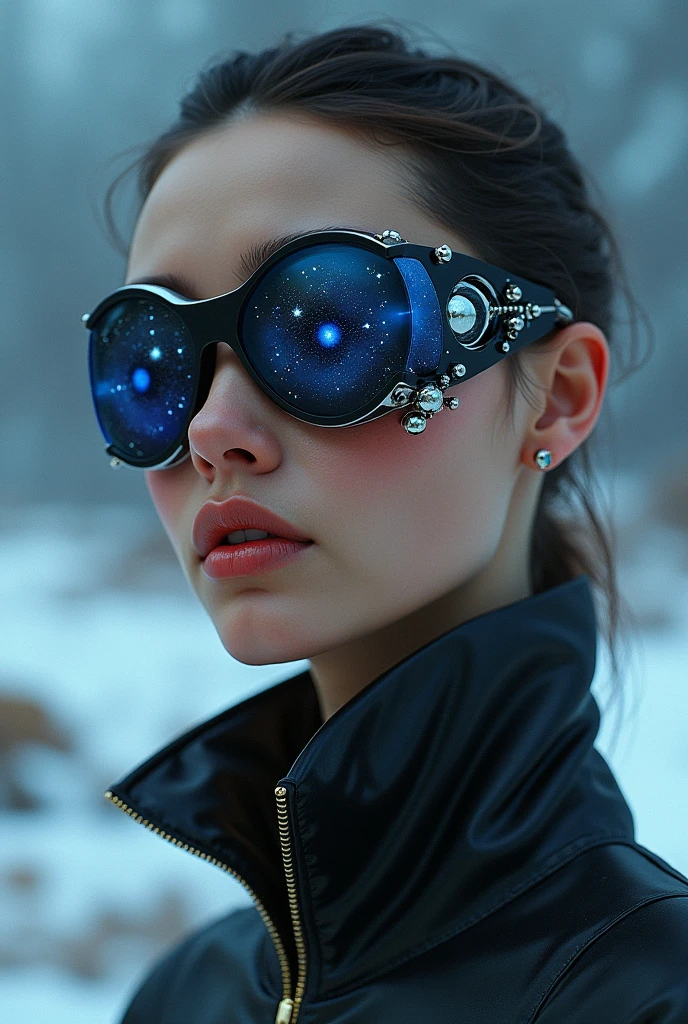 The model is wearing glass sunglasses with stars and the moon on the glass