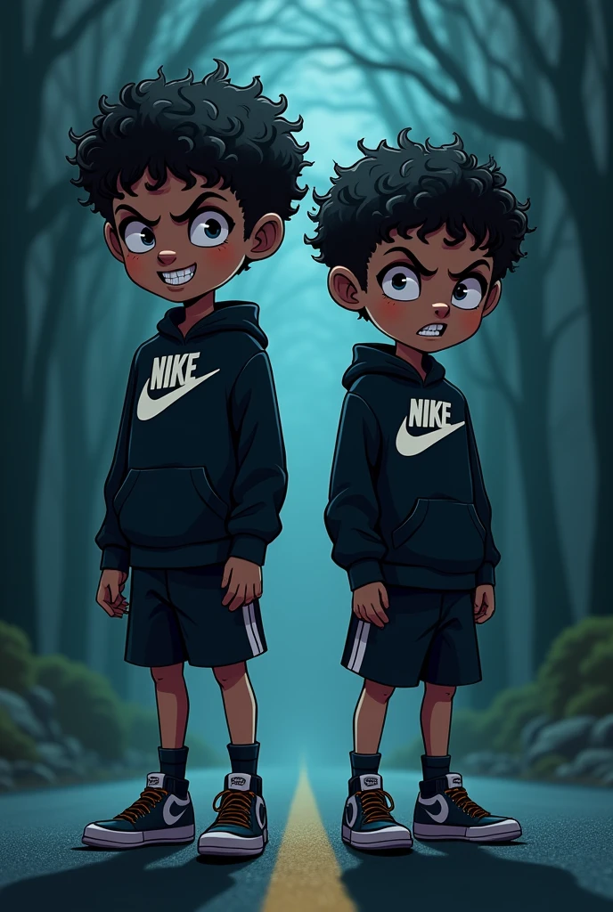 2 boys with short curly hair 1,73 altar white and black Nike clothes dark road background style cartoon evil face 