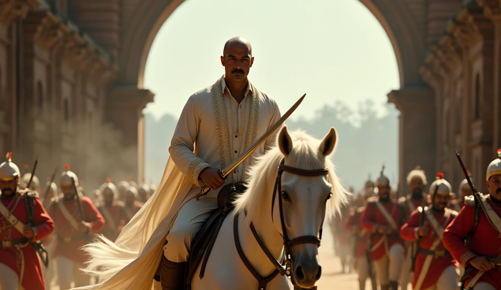 18th century Tipu Sultan of Mysore with bald head and handlebar moustache with clean shaven chin and head wearing a silky muslin white gown holding a turkish arched steel sword in right hand riding a white horse surrounded by his bodyguards wearing turban and running and holding blunderbuss guns emerging from a 6 feet dark stone arched tunnel of fort srirangapatna charging towards the British soldiers in red uniform who are targeting and firing with muskets from their opposite side in cinematic UHD landscape resolution in broad daylight condition