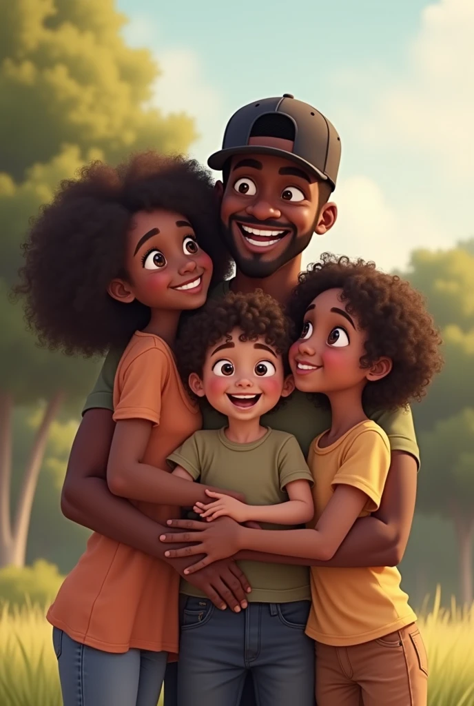 A black father in a black cap, with a white boy with curly hair in her arms. A young daughter, curly haired brunette, On the left side, and another young daughter,  light colored and black hair, on the right side,  happy