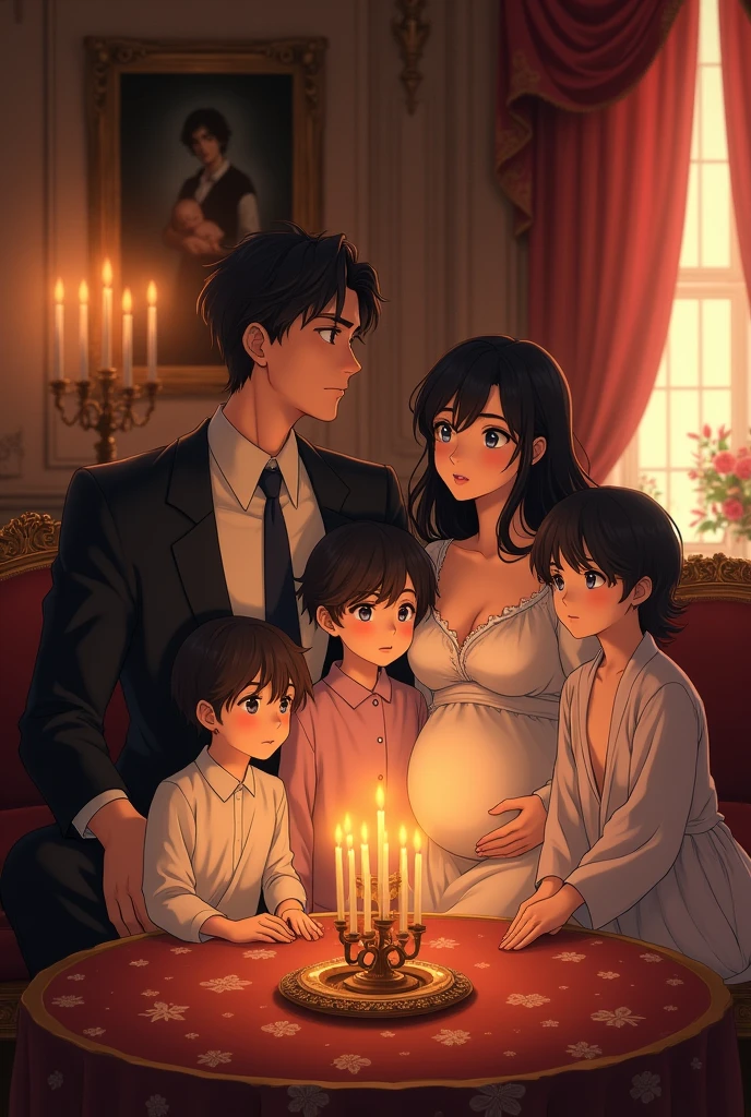 Create a family inside a candlelit mansion. A fit 31 year old father with fair skin, short dark brown hair with waves, dressed smartly with dark blue eyes. A 29-year-old mother, 7 months pregnant, fair skin, black hair and waves at the ends, blue eyes, dressed in a white dressing room. With 4 boys, one of 7 years old, another of 5 years old, another of 4 years old and another of 2 years old, the same as the parents. That they are adapted for the anime hunter x hunter as well