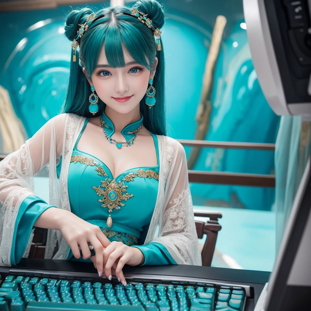 masterpiece, Highest quality, Very detailed, figure,(One girl),Beautiful attention to detail, View your viewers, (Holding a computer keyboard), Happy, (Turquoise Hair:1), (Blue round eyes:1), (Round earrings), (turquoise large gemstone necklace), Cute round face, Long Hair, smile, Fantasy Chinese Clothing
