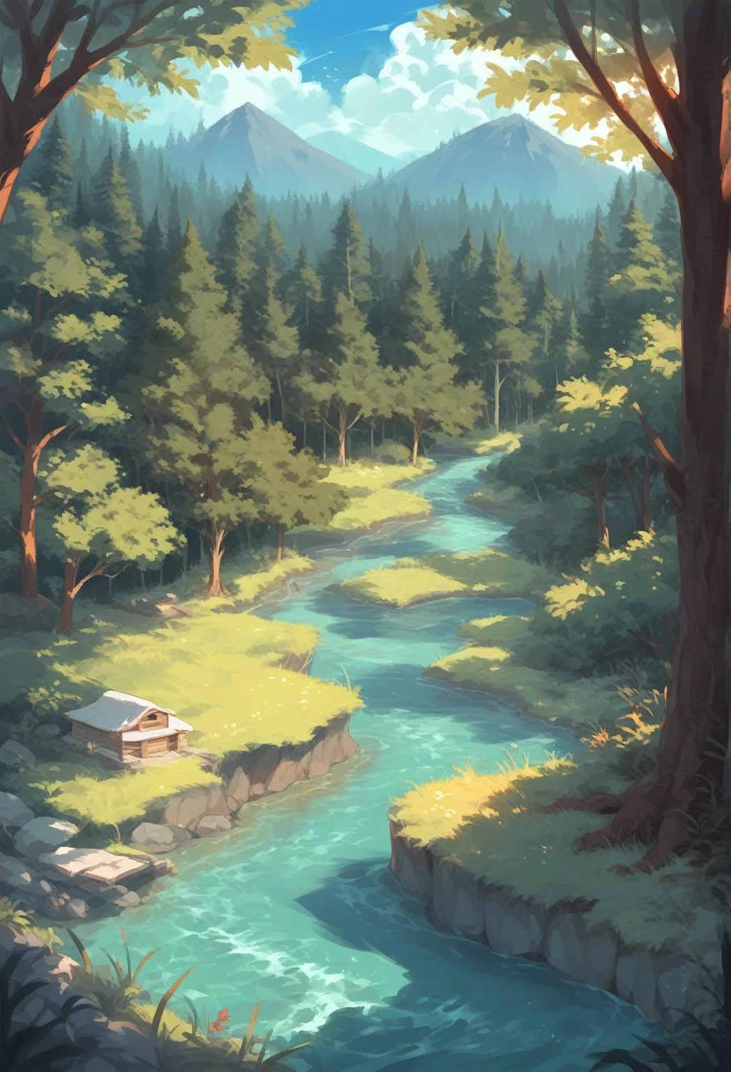 Deep lush forest, beautiful forest, a small cabin in the distance, river, large river, beautiful river