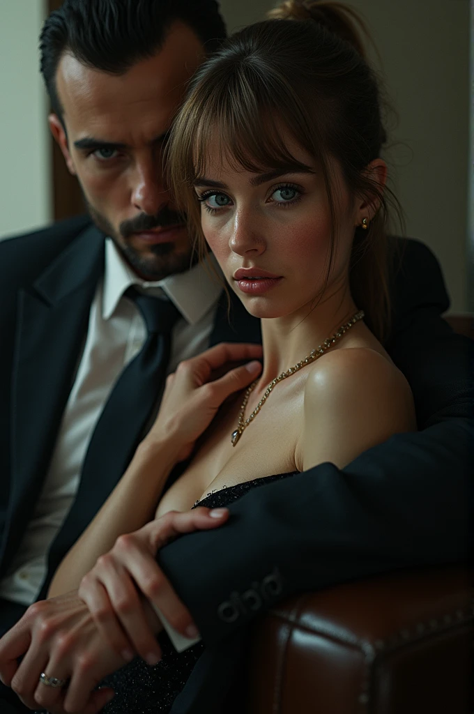  young white Russian woman with red cheeks and blue eyes and a fringe and light brown hair with a submissive face sitting on the lap of a brown Brazilian mobster in a suit 