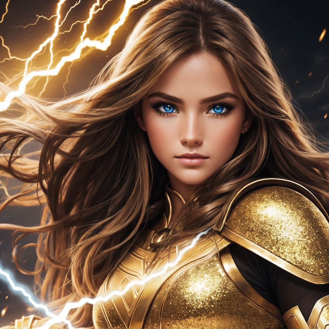 Realistic illustration of eyes with golden glitter, shining with the power of lightning, of a brown-haired warrior
