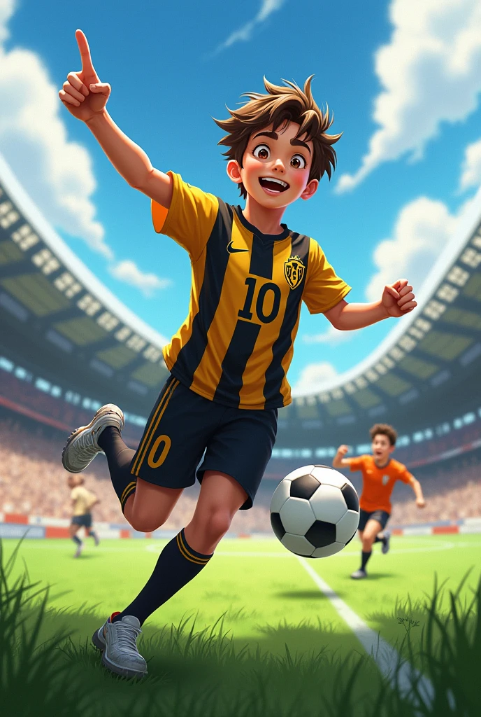 It makes an image of a big teenager with short brown hair and brown eyes wearing a yellow and black striped shirt with the number 10 scoring a goal against the goalkeeper with the ball and celebrating by pointing with one hand.
