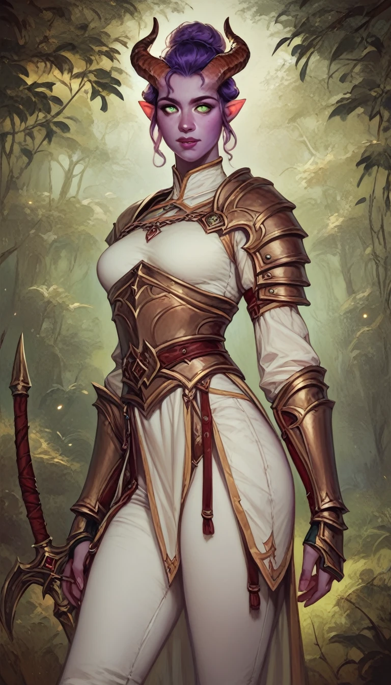 A fat purple-skinned tiefling female，robust，Tall and mighty，Brown horns，Purple hair，Hair Bun，Frontal image，Green eyes，3/4. Body，Behind it is a wood，Warrior Outfit，Red and white armor