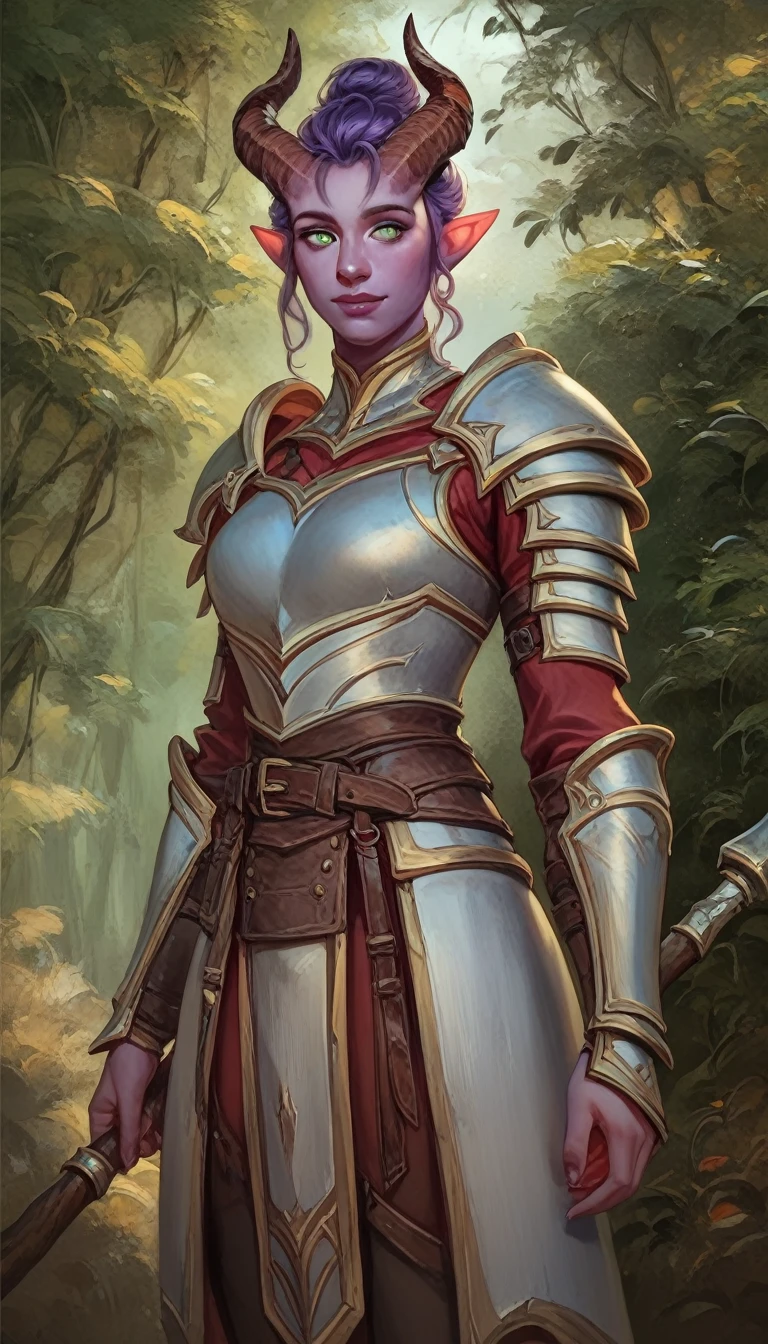 A fat purple-skinned tiefling female，robust，Tall and mighty，Brown horns，Purple hair，Hair Bun，Frontal image，Green eyes，3/4. Body，Behind it is a wood，Warrior Outfit，Red and white armor