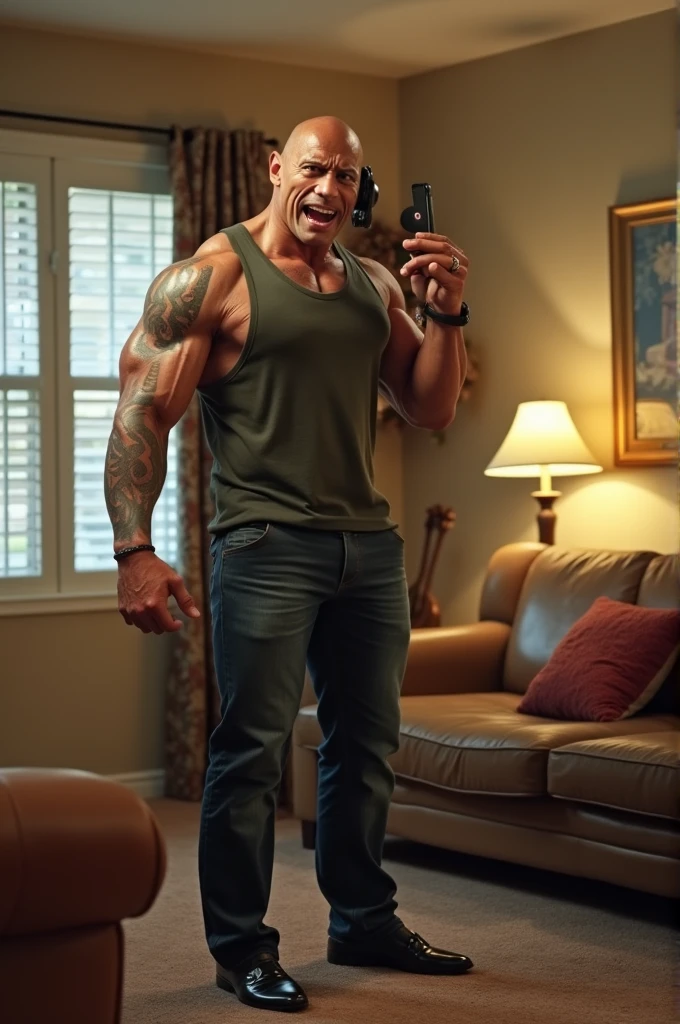 Dwayne Johnson the rock body of mr bean talking in the mobile phone, shouting angrily in the living room standing long hair with makeup and lipstick