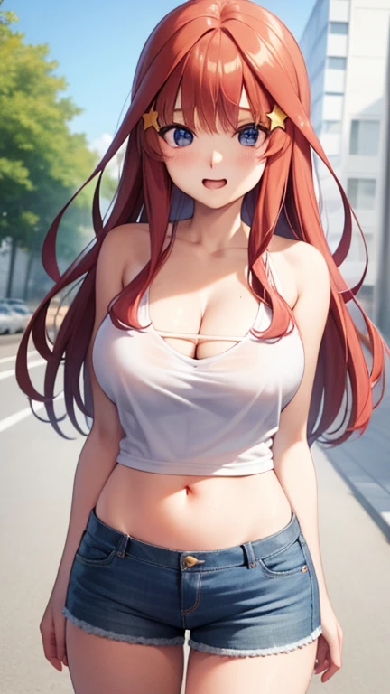 (Red Hair)、青い目をしたAnime Girls、(Huge Tits), (Belly button and shoulders are visible)、Loose white t-shirt,No underwear, The shirt has less fabric, (hot pants:1.2),魅力的なAnime Girls, Anime Girls con pelo largo, 美しいAnime Girls, かわいいAnime Girls, Anime Girls, かわいいAnime Girls, 最高のAnime Girls, Moe anime art style, Cute girl visual anime, 肖像画のAnime Girls, Anime Girls, 魅惑的なAnime Girls, (Anime Girls), 若いAnime Girls、Yellow star hair ornament、(The frizzy hair on the top of the head)