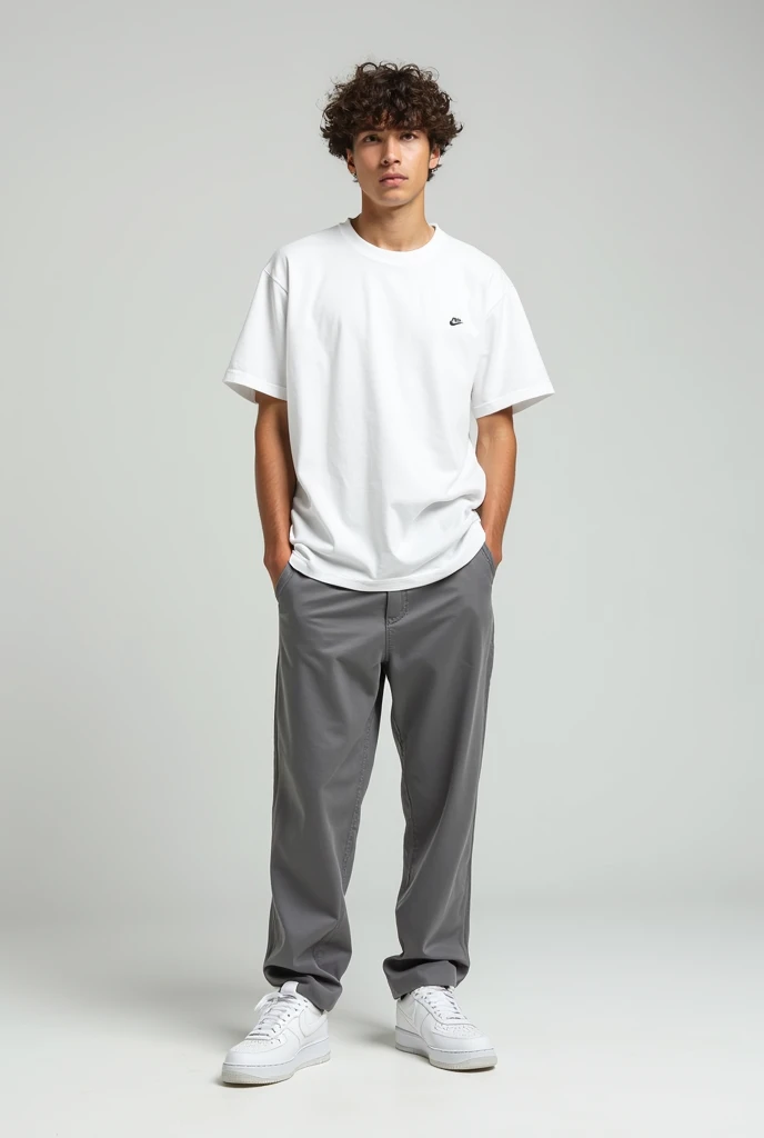 A photo of a man wearing a white oversized tshirt, a straight cut gray pants and a white nike airforce
1