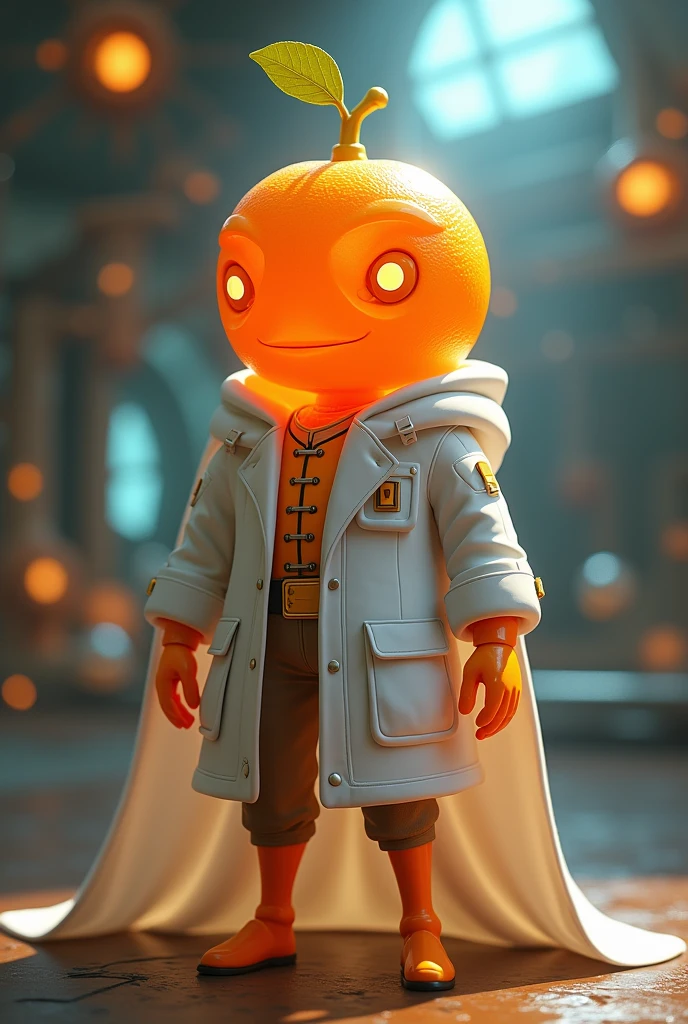 a heroic orange with a lab coat and a white cape