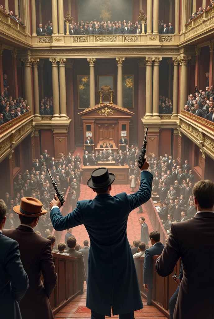 make a photo of hall ( assembly or parliament type )full of people ( photo should be from hight )
More clear photo and easy for draw
Make for easy to draw 
Now make a man with hat shot one person
More clear and easy to draw