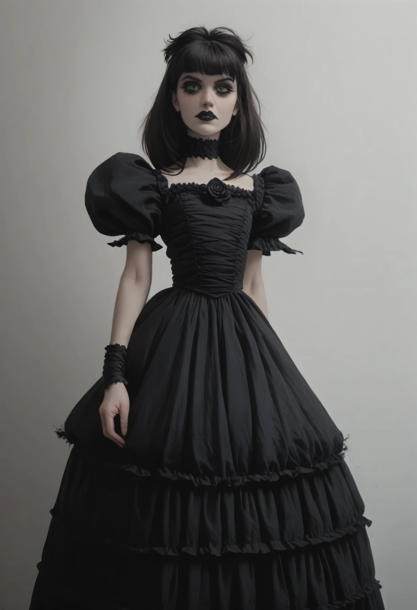 gorgeous doll + dark fantasy + morbid + macabre + portrait + frame + gothic dress + death + Tim Burton style + big boobs + ((realistic))