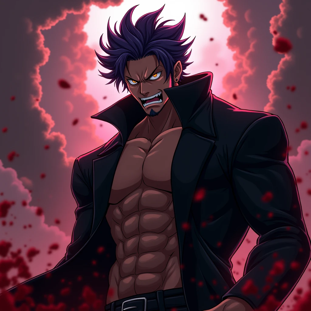 Muscular man, black skin, dark purple hair, black coat with high collar, crazy look, bloody background, "Intricate anime character design inspired by One Piece, stunning lighting, centered character, stunning face, creative details, ultra-fine 2D design, scenery bathed in creativity, boasting 2D anime resolution clarity, 4K anime quality, high-octane rendering"