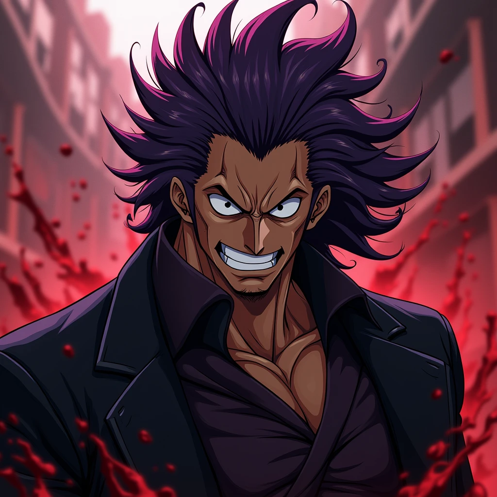 Muscular man, black skin, dark purple hair, black coat with high collar, crazy look, bloody background, "Intricate anime character design inspired by One Piece, stunning lighting, centered character, stunning face, creative details, ultra-fine 2D design, scenery bathed in creativity, boasting 2D anime resolution clarity, 4K anime quality, high-octane rendering"