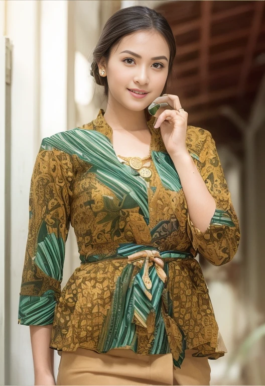 (nsfw:1.2), Hyperealism, 8k, textured skin, masterpiece, best quality, super detailed, beautiful, insanely detailed, absurdres,perfect anatomy, best anatomy,
an Indonesian girls, , epic skin, black hair in a single big bun, beautiful face, perfect anatomy, wearing gold earrings, gold necklace, bracelet, wearing a green traditional Indonesian kebaya clothes, wearing an intricately patterned brown batik tapih indonesia, (heavy big breasts), was sitting by the lake, holding glass coffee: 1.2, holding a glass of hot coffee, enjoying the coffee and the view, the view was very beautiful, several birds flying: 1.2, flowers on the edge of the lake: 1.2, lotus flowers in the water: 1.0, fish appearing in the water: 1.2, the atmosphere was very realistic: 1.5, side corner shot, intricate, wide shot, canon, fujifilm, realistic photo, beest color, expert photography.