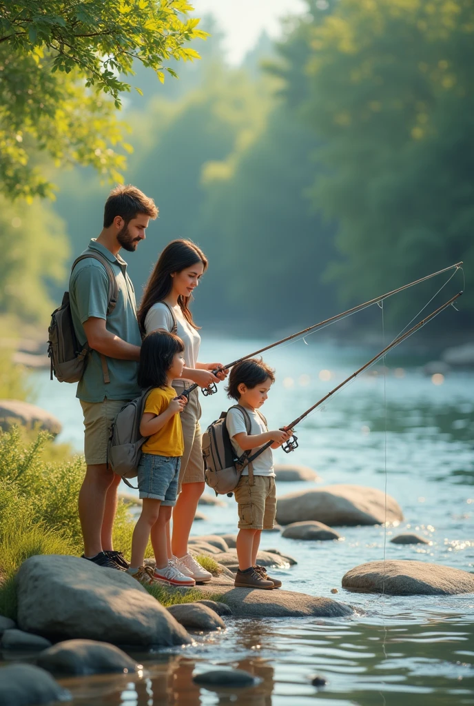 A couple fishing plus two dark haired male children fishing in a river