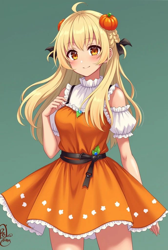 Slimeガール, (Slime), Slimeヘア ダブルおだんごヘアスタイル, Pumpkin Orange, White Princess Dress with Weapon Belt, masterpiece, Highest quality
