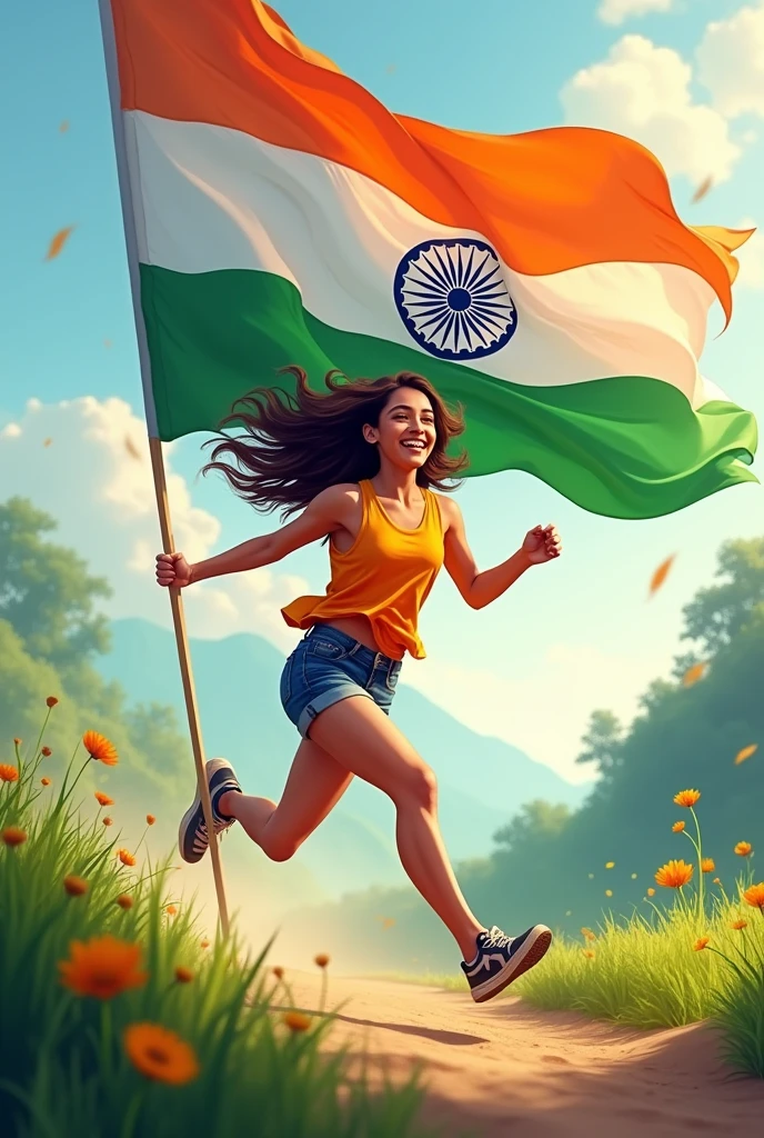 Cute & pretty girl running with indian flag side view