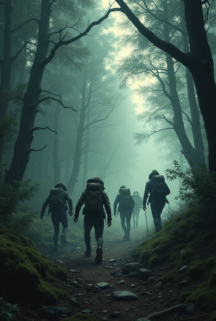 Hikers panicking and running through the forest.       Image  ratio 9:16