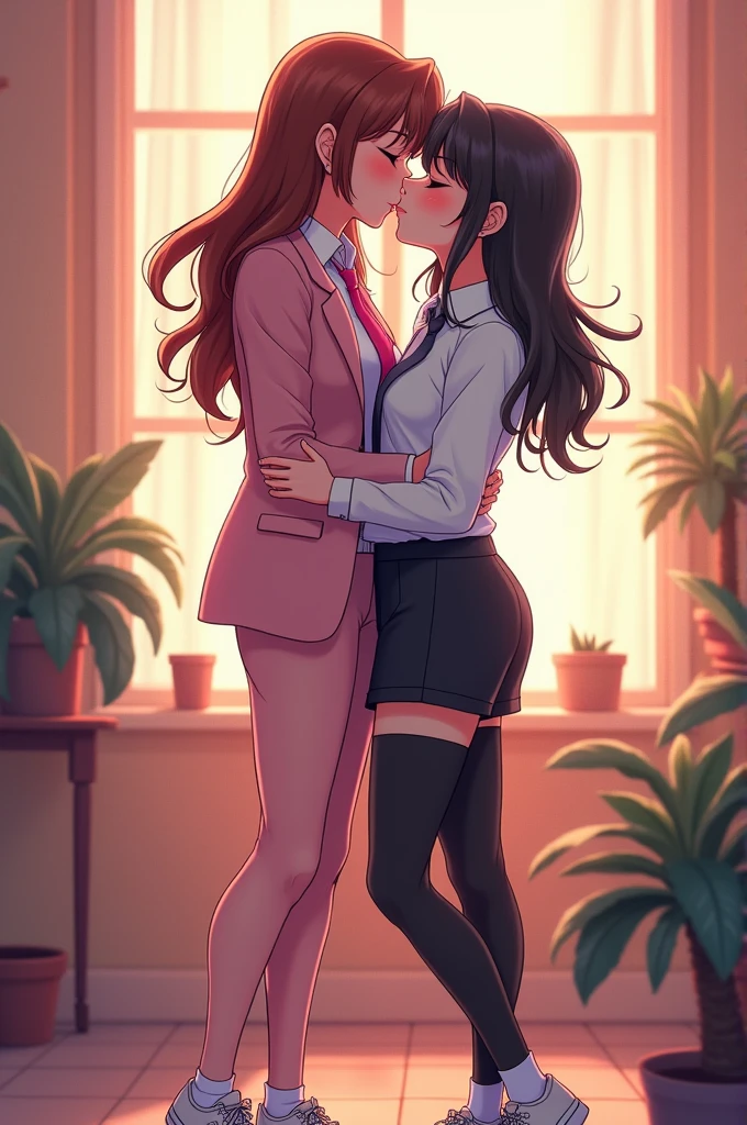 2girls yuri, "girl wear a white shirt, pink suit, pink necktie, short black pencil skirt, black tights, black underpants, white socks, white sneakers" and "girl wear a white shirt, grey suit, grey necktie, short black pencil skirt, black tights, black underpants, white socks, white sneakers", lesbian kissing, hugging, closed eyes, sensual body, novel cartoon, 4K, HD