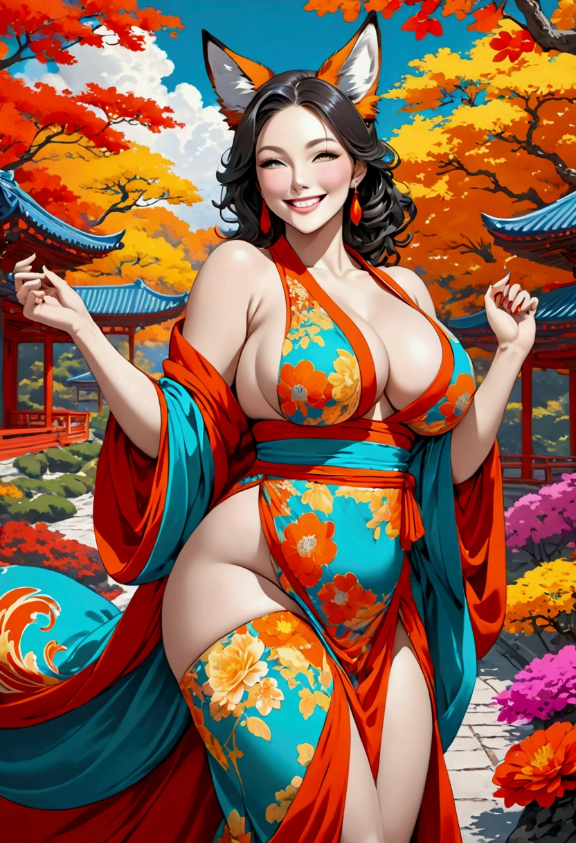 ((masterpiece, Practical, best quality, Extremely complex, Solitary, 1 Girl)), color connection, Colorization, Vibrant color scheme, rich and colorful, Spot Color, Sensual, noon, (Big Breasts 1.2), Curvy beauty, (Mature woman), (Grin:1.2), Hair between the eyes, Fox ears, High Leg Raise
