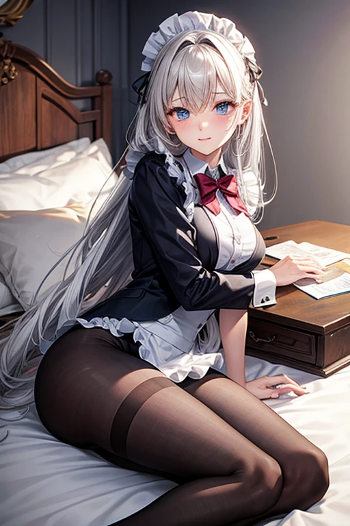 sexy girl in maid suit, , fit thin body, pantyhose, shy look, aesthetic, high detailed image, masterpiece