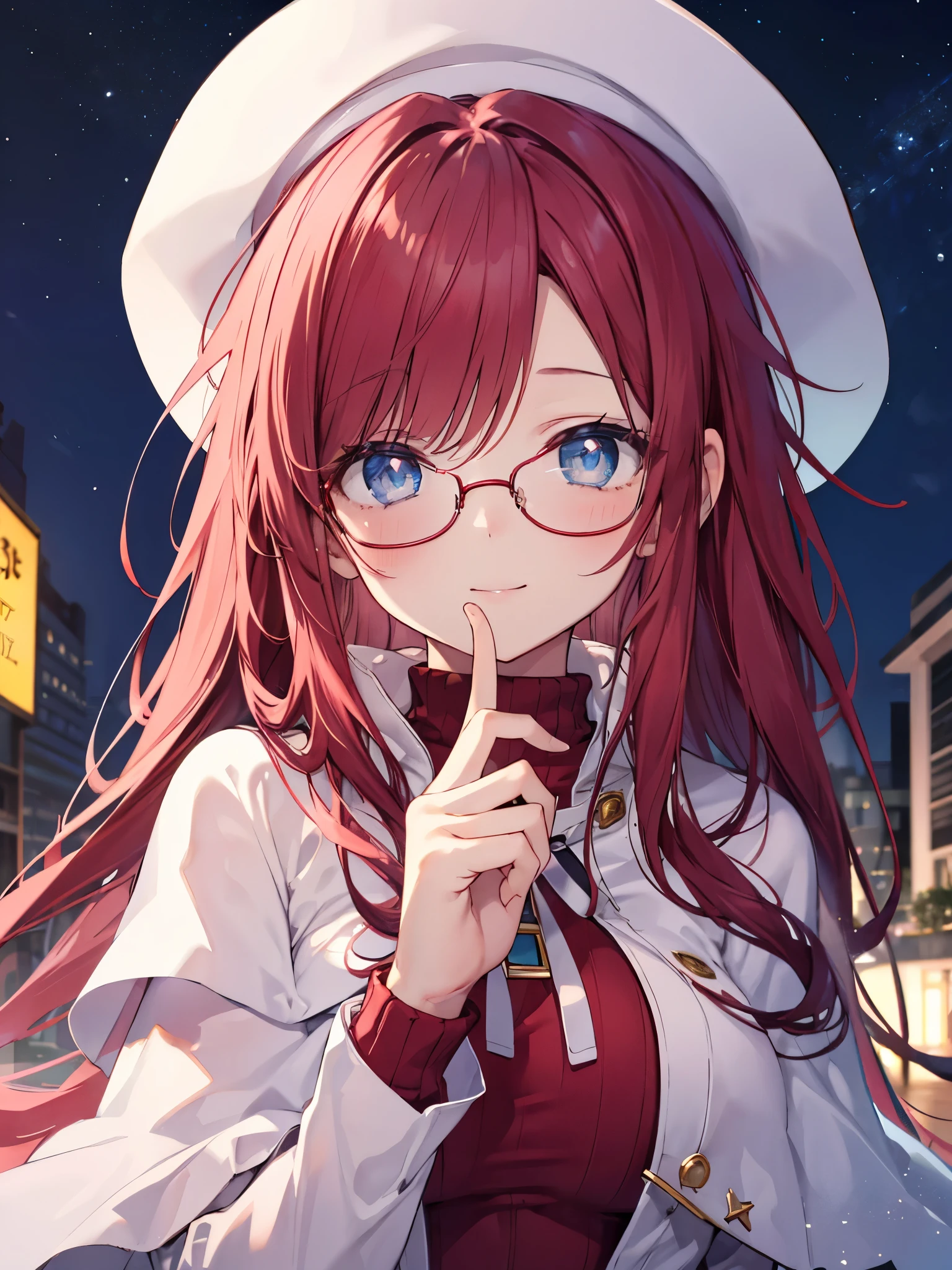 summonnightaty, aty, (young:1.3),long hair, blue eyes, red hair, big_tits, hat, glasses, BREAK long hair,, hat, dress,glasses, cape, sweater, beret,ribbed sweater,,solo, BREAK outdoors, fantasy, BREAK (masterpiece:1.2), best quality, high resolution, unity 8k wallpaper, (illustration:0.8), (beautiful detailed eyes:1.6), extremely detailed face, perfect lighting, extremely detailed CG, perfect anatomy),covered_nipples,half_eyes,sleepy_eyes,red_sweater,magical_effect,,Smile,closed_mouth,solo,in_modern_town_landscape,night_sky,solo,portrait,bust up,looking_viewer,shiny_lips,blush