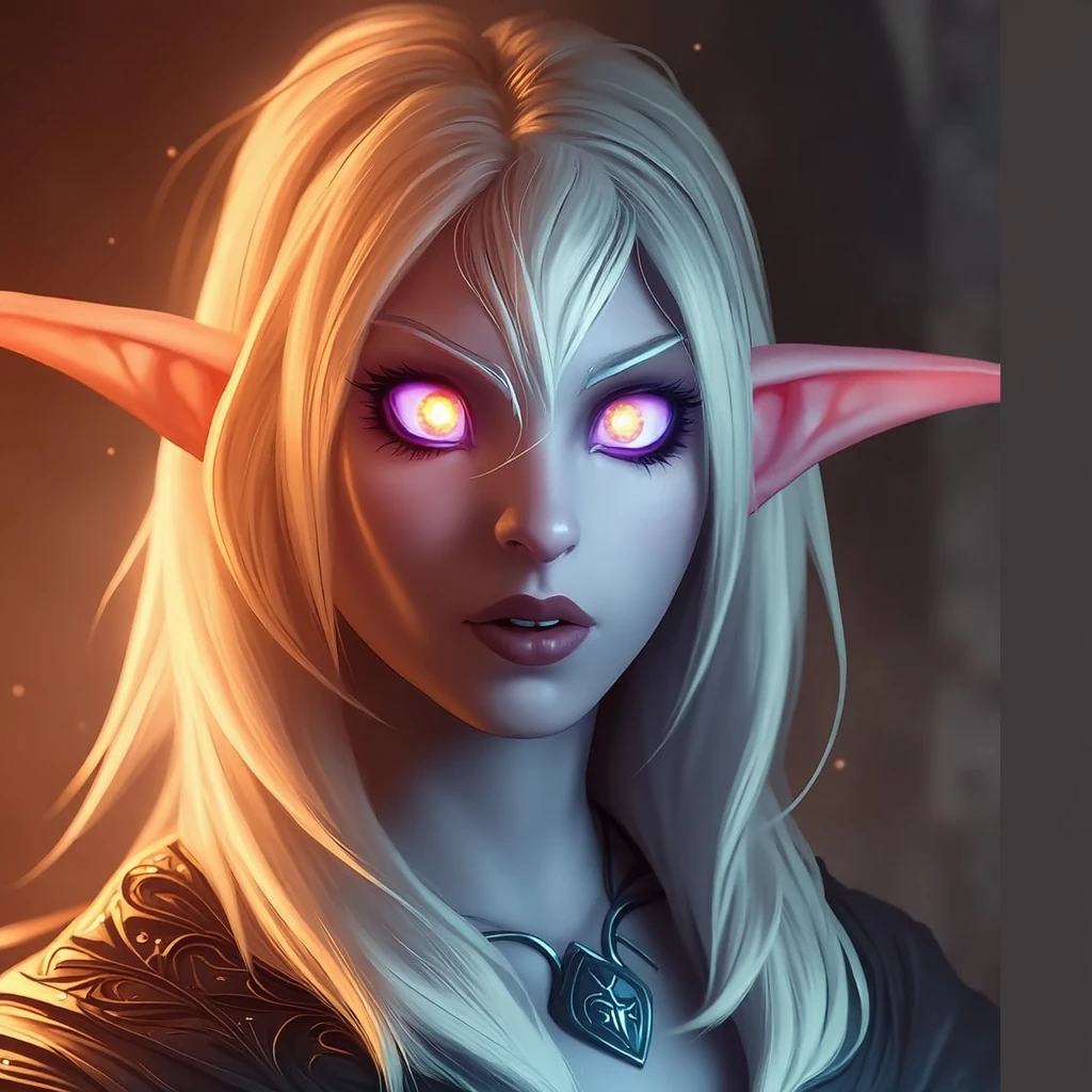 a Night Elf, long white hair, glowing eyes, long pointy ears, dark lipstick, teeth clenched, gap in front teeth, gapped teeth
