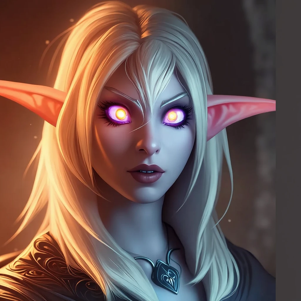a Night Elf, long white hair, glowing eyes, long pointy ears, dark lipstick, teeth clenched, gap in front teeth, gapped teeth