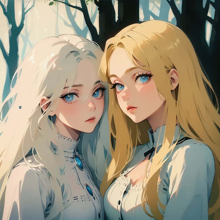 Two women in one photo,Double bust,The first woman has very light blonde hair and very light blue eyes, the other has very light blonde hair and the other has blue eyes., they both have long, flowing hair, pale skin, perfect faces, the first long hair, and the second medium, Beautiful dress not bulky forest escape element sun and moon, flower element corolla, soft portrait, it's interesting, blue dress, dress blue, dresss blue