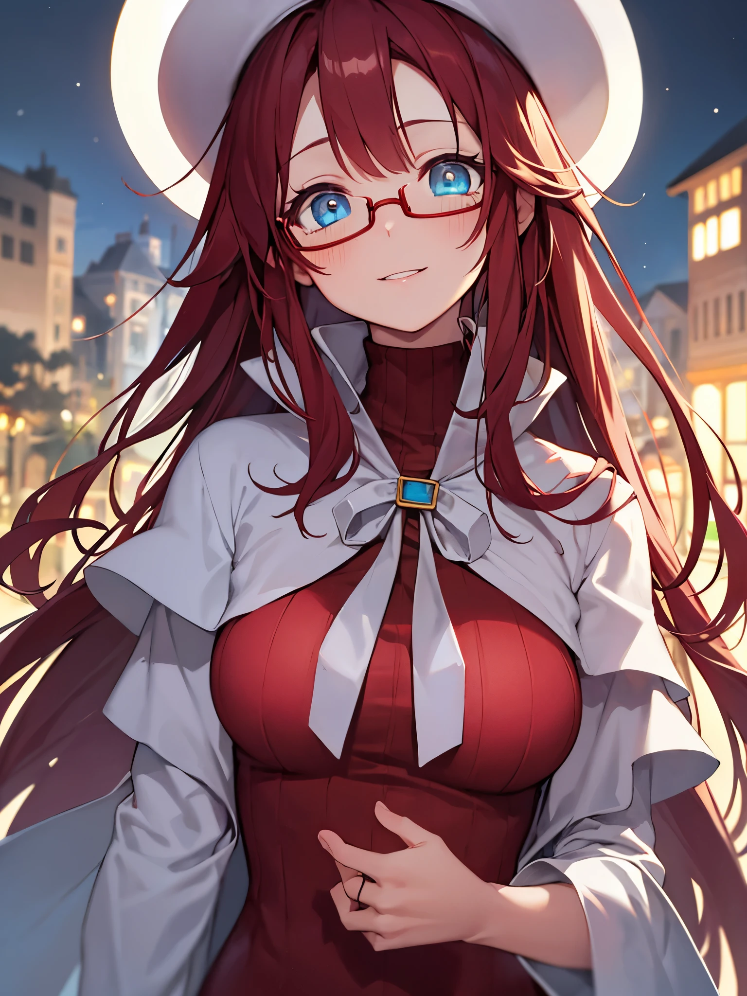 summonnightaty, aty, (young:1.3),long hair, blue eyes, red hair, big_tits, hat, glasses, BREAK long hair,, hat, dress,glasses, cape, sweater, beret,ribbed sweater,,solo, BREAK outdoors, fantasy, BREAK (masterpiece:1.2), best quality, high resolution, unity 8k wallpaper, (illustration:0.8), (beautiful detailed eyes:1.6), extremely detailed face, perfect lighting, extremely detailed CG, perfect anatomy),covered_nipples,half_eyes,sleepy_eyes,red_sweater,magical_effect,,Smile,closed_mouth,solo,in_modern_town_landscape,night_sky,solo,portrait,bust up,looking_viewer,shiny_lips,blush