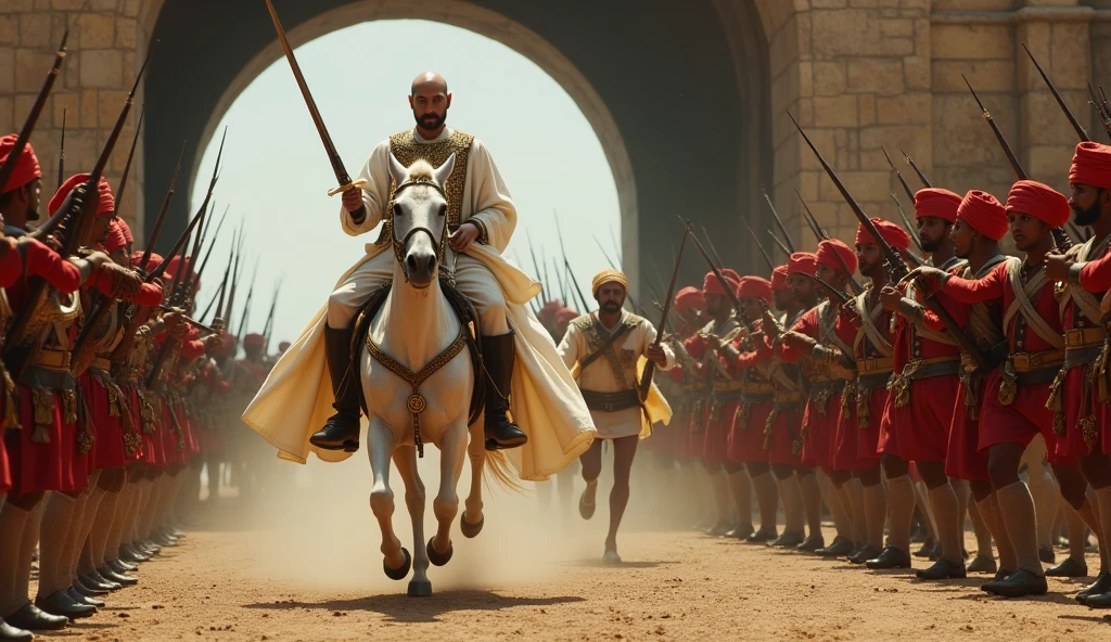 18th century Tipu Sultan of Mysore with bald head and handlebar moustache with clean shaven chin and head wearing a silky muslin white gown holding a turkish arched steel sword in right hand riding a white horse surrounded by his bodyguards wearing turbans running behind him and holding blunderbuss guns emerging from a 6 feet dark stone arched tunnel of fort srirangapatna charging towards the British soldiers in red uniform who are targeting and firing with muskets from their opposite side in cinematic UHD landscape resolution in broad daylight condition