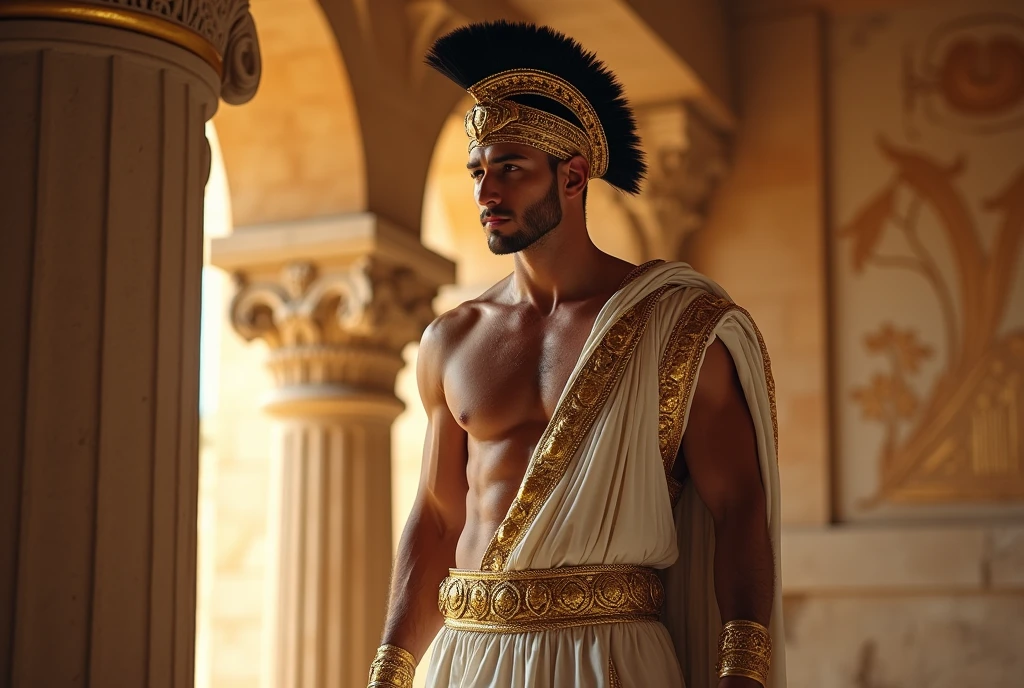 An ancient greek man, Chico, greek warrior, muscular, Graced, 25 años de edad man con poderosa presencia, greek headdress, ((wearing detailed greek tunics)), standing inside the greek temple, Intricate, elegant, Very detailed, masterpiece, extremely detailed, detailed background, Whole body, Best Quality, ancient greek architecture, Ancient Greece, male, man, (((just dressed))), bare chest, (((body hair))), one arm up, low waist thong, White tunica, gold accessories, male face, illuminated by golden sunlight, seductive look, sexy, curtains hanging from the ceiling, NSFW