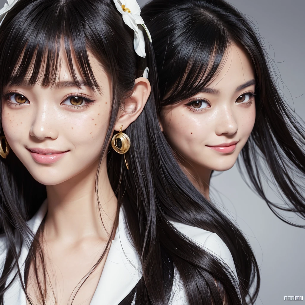 masterpiece, Highest quality, {Highest quality}, {{masterpiece}}, {High resolution}, concentrated, Anime Style, Woman cartoon closeup, Girl Design, Portraiture, Gisha, Anime Images, Long Hair, Black Hair, Straight eyes, Hair covering the ears, Happy, Sophisticated and powerful appearance, exotic, expensive, freckles, smile, Chic outfit