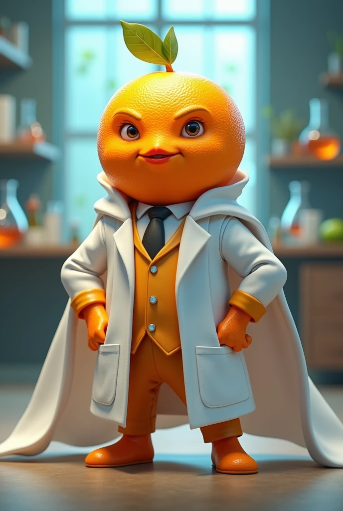 a heroic real orange fruit with a lab coat and a white cape