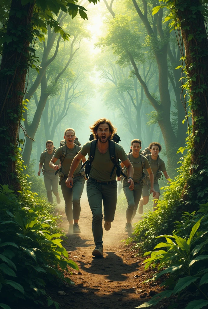 Hikers panicking and running through the forest. Image ratio 9:16