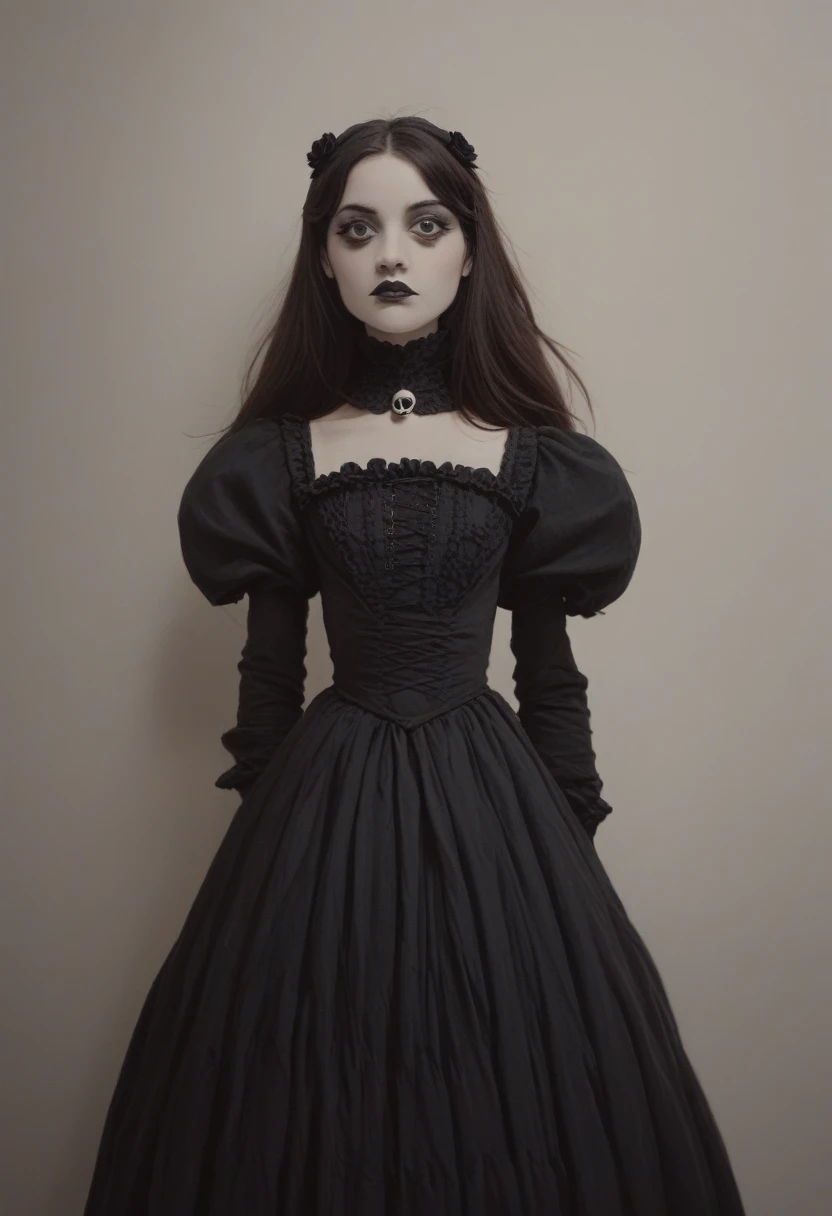 gorgeous doll + dark fantasy + morbid + macabre + portrait + frame + gothic dress + death + Tim Burton style + (((big boobs))) + ((realistic))