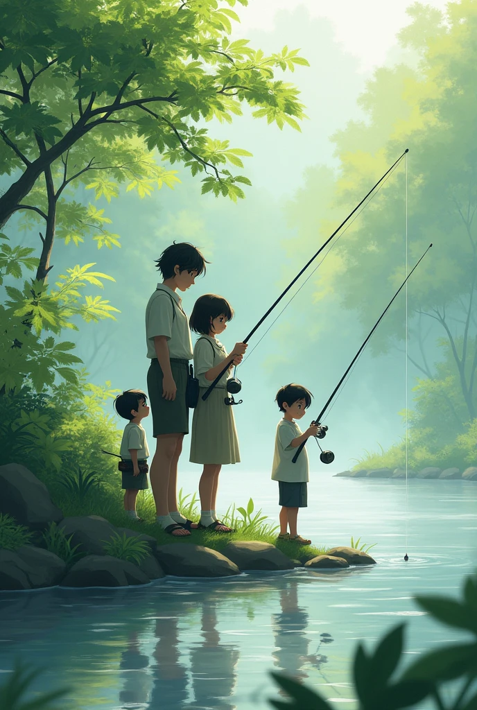 A couple fishing. two more dark haired male children fishing in a river