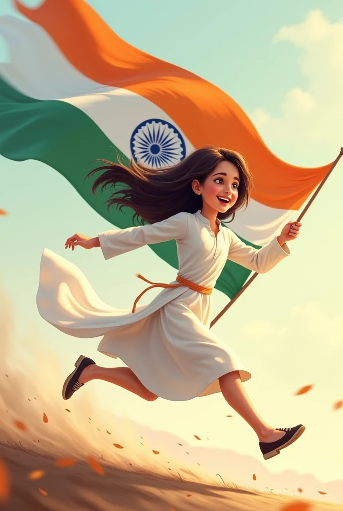 Cute & pretty girl running with indian flag side view. Girl wearing white kurti and hair is floating in air.