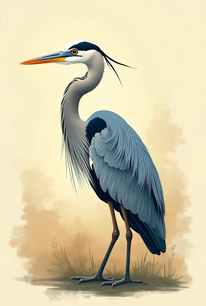 A stylized, nostalgic illustration of a majestic blue heron, its feathers a soothing blend of powdery blues and whites, slender neck craned forward as if surveying its surroundings, its bright, inquisitive eyes shining like polished amber, its feathers ruffled slightly as if caught in a gentle breeze, set against a warm, creamy background with subtle texture, reminiscent of aged paper or canvas, with bold, expressive lines and fluid brushstrokes evoking a sense of classic Americana, the overall aesthetic nostalgic and captivating.