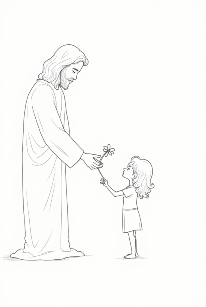 "Create a simple line drawing, resembling a pen sketch, of Jesus handing a jasmine flower to a short girl with curly hair. The scene should be minimalistic, focusing on the gentle and delicate nature of the interaction."