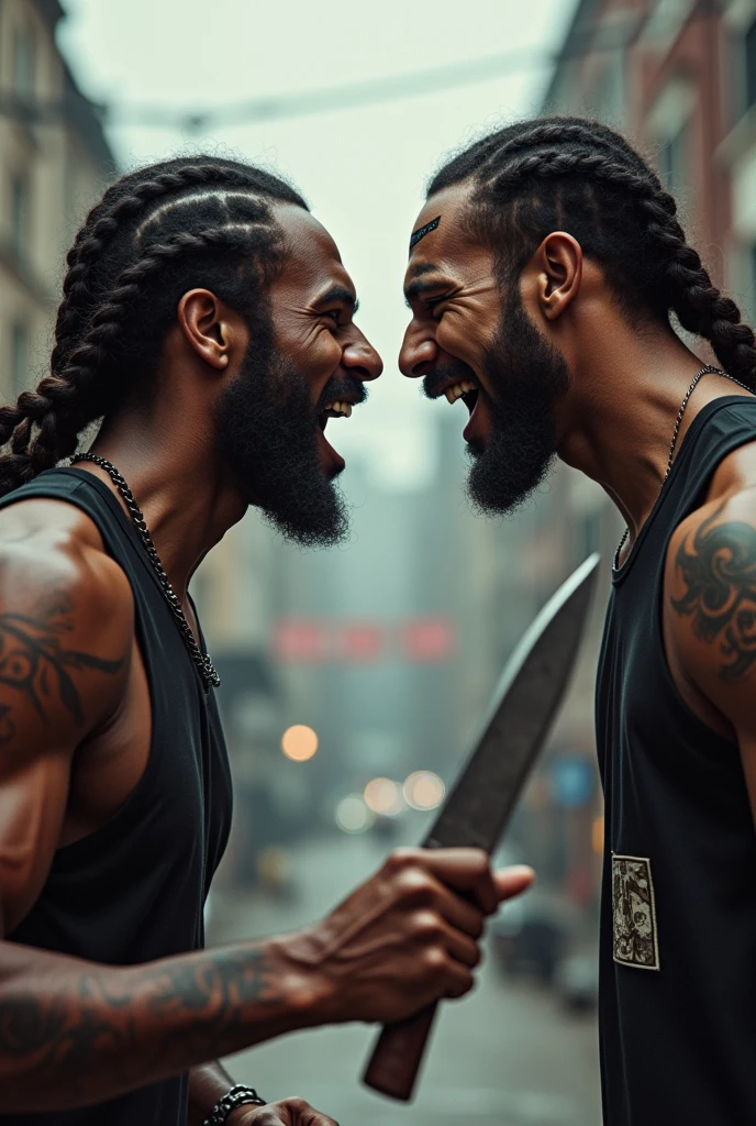 Man with braid with knife in Nike's forehead in a rhyme battle against another man
