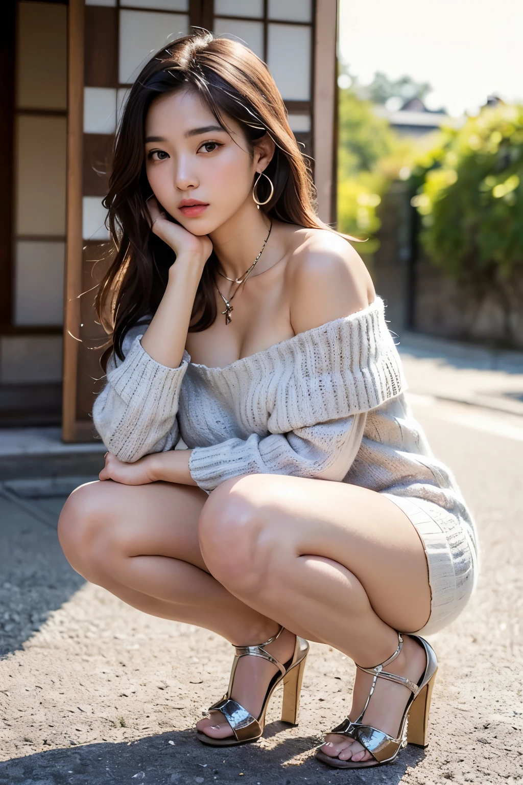 ((Realistic Sunlight, 8k, Top Quality, Masterpiece: 1.3)), Best Quality, Illustration, Ultra-detailed, finely detail, high resolution, 8K Wallpaper, Perfect dynamic composition, ((off-the-shoulder white knitted dress:1.3)),Big breasts:1.4, Natural Color Lip, (In city),24 years girl, sexy, ((Shiny skin:1.3)), (beautiful detailed face and eyes:1.4),(dark brown hair, medium long hair:1.2), Highly detailed face and skin texture, Highly detailed lip texture, Raw Photo, ((Very Delicate and Cute Japanese Girl:1.4)), (1 girl)), Perfect Style, earrings, necklace, realistic shadows, nsfw, ((squatting:1.4)),((high heels:1.3)), ((Show off your panties in a sexy pose)),((Finely designed, luxurious adult small thong:1.2))