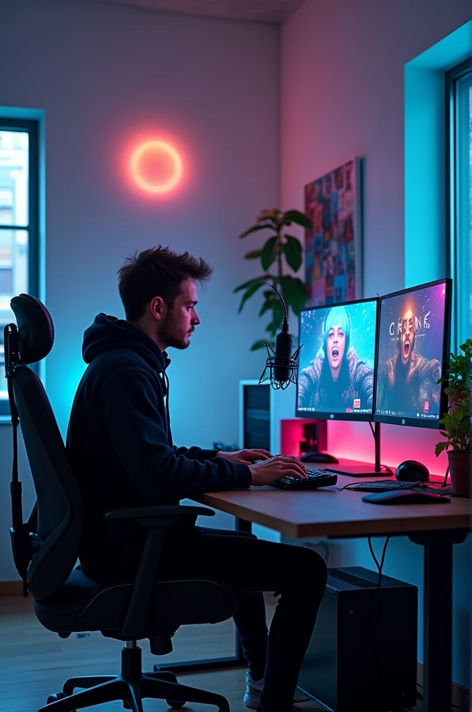A gaming studio with a mic and pc