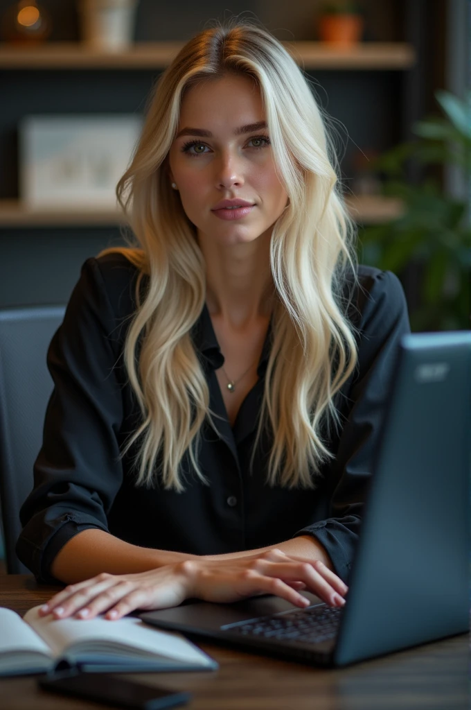 21 year old white female influencer, light blonde hair, long and straight hair, perfect shaped breasts, Delicate body, perfect hands, perfect legs., wearing professional clothing, sitting in his office, using your notebook, Acer Nitro computer (best qualityer,4K,8k,high resolution,work of art:1.2),ultra detali,(realisitic,photorealisitic,photo-realisitic:1.37),HDR,studio lighting,extremely detailed face and body, portraite,cinematic lighting,dramatic lighting,warm color tones,dramatic colors